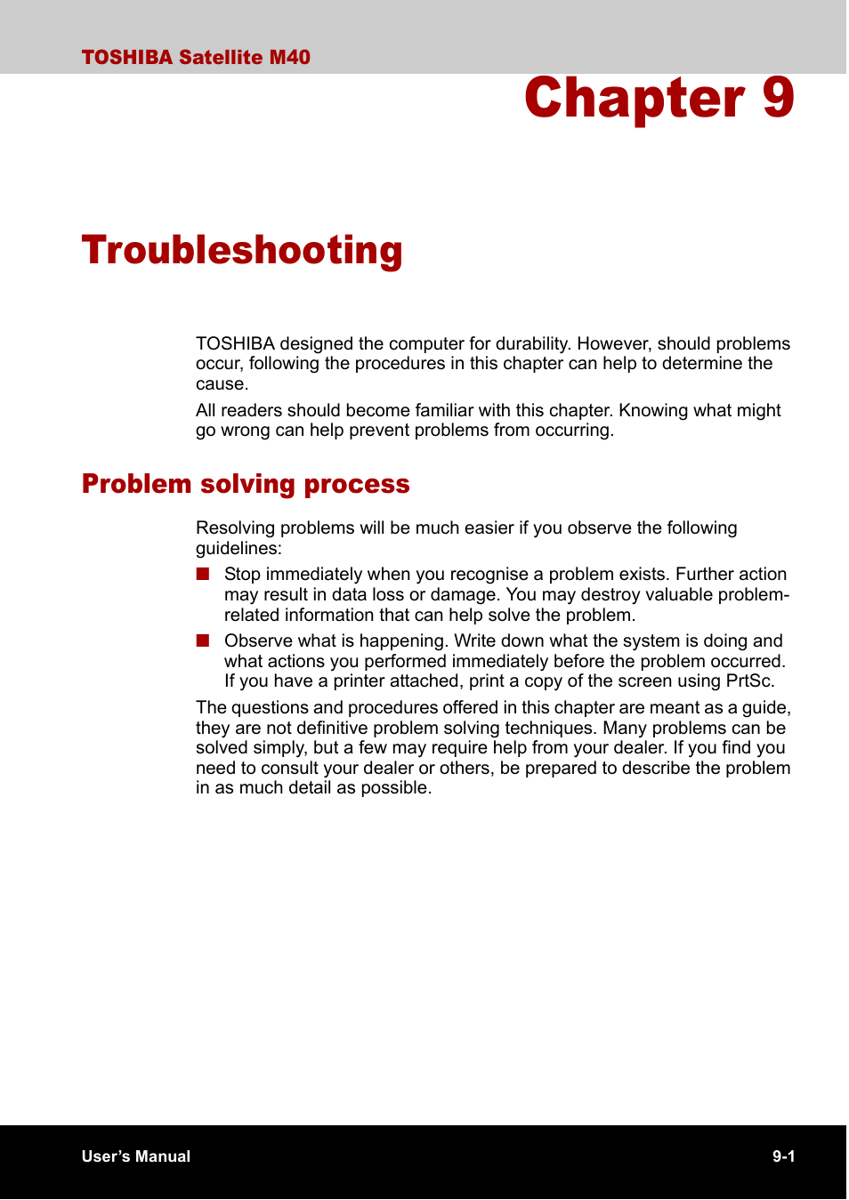 Chapter 9 troubleshooting, Problem solving process, Chapter 9 | Troubleshooting, Problem solving process -1 | Toshiba Satellite M40 (PSM40) User Manual | Page 147 / 201