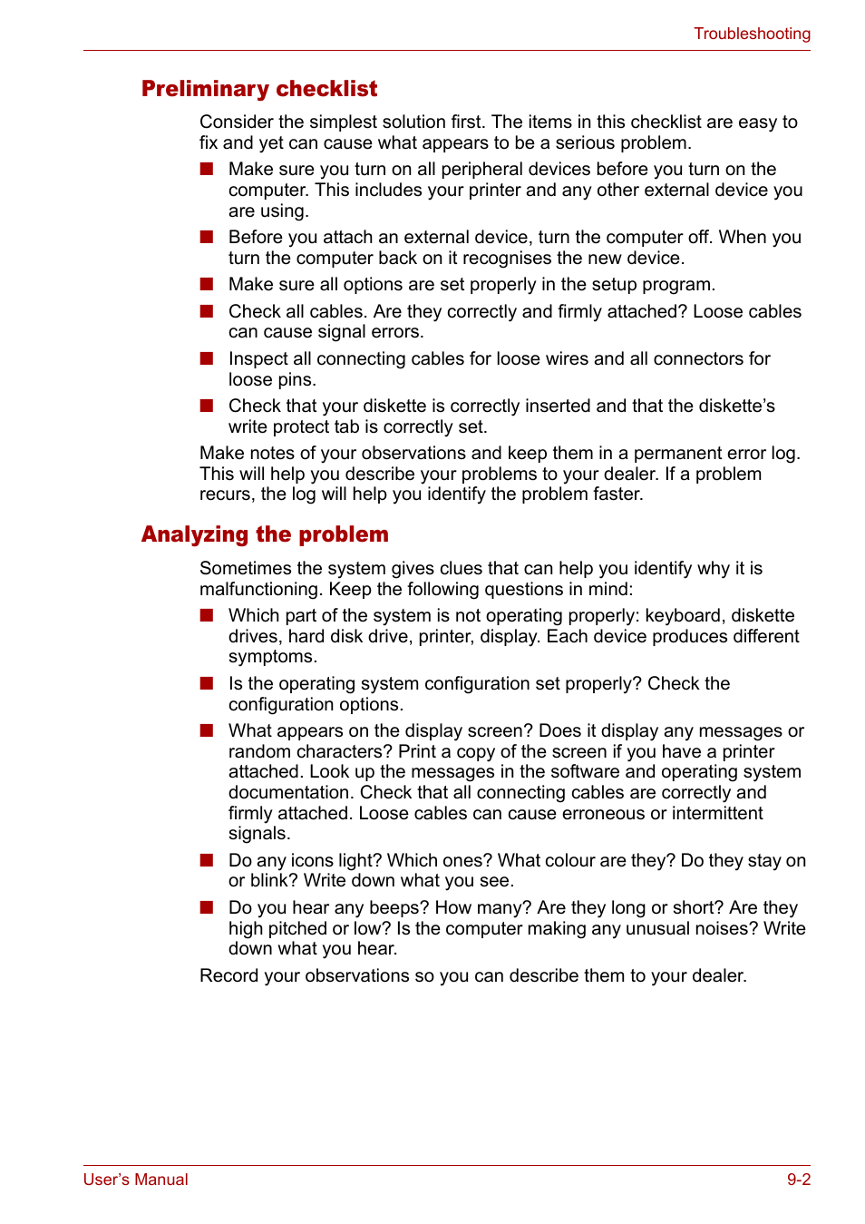 Preliminary checklist, Analyzing the problem, Preliminary checklist -2 analyzing the problem -2 | Toshiba Satellite M40 (PSM40) User Manual | Page 148 / 201