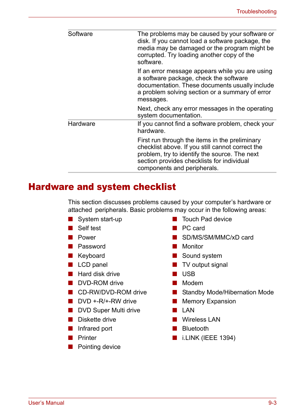 Hardware and system checklist, Hardware and system checklist -3 | Toshiba Satellite M40 (PSM40) User Manual | Page 149 / 201