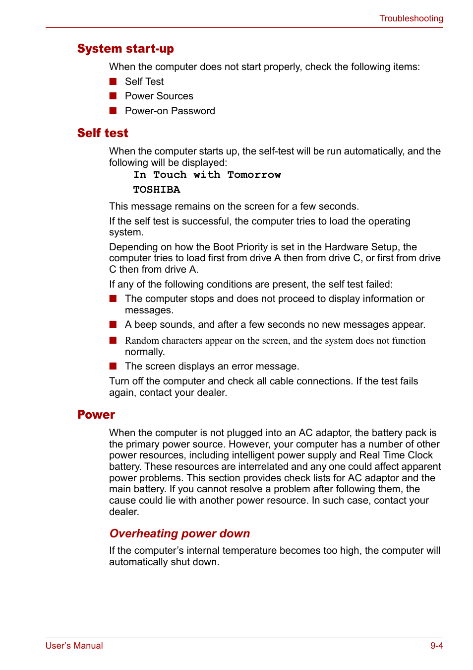System start-up, Self test, Power | System start-up -4 self test -4 power -4 | Toshiba Satellite M40 (PSM40) User Manual | Page 150 / 201