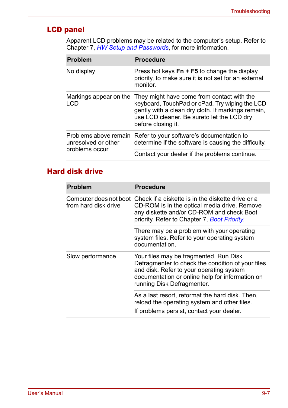 Lcd panel, Hard disk drive, Lcd panel -7 hard disk drive -7 | Toshiba Satellite M40 (PSM40) User Manual | Page 153 / 201