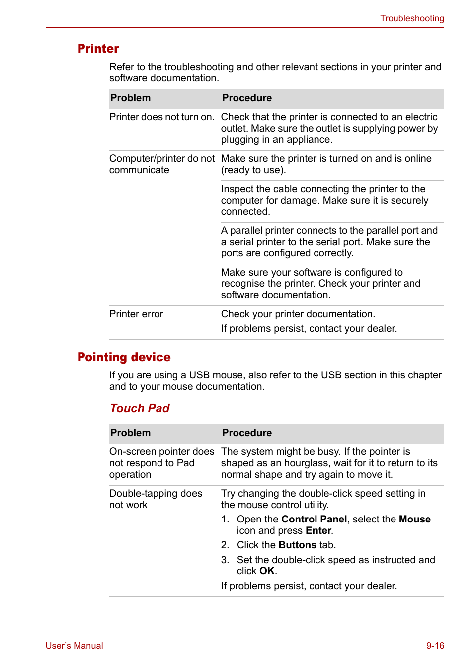 Printer, Pointing device, Printer -16 pointing device -16 | Toshiba Satellite M40 (PSM40) User Manual | Page 162 / 201