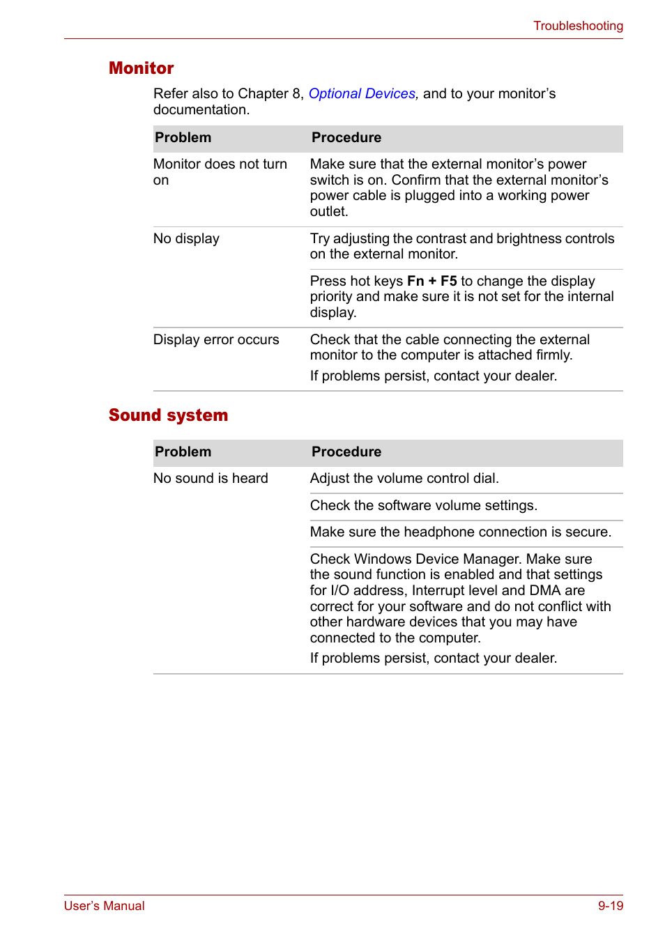 Monitor, Sound system, Monitor -19 sound system -19 | Toshiba Satellite M40 (PSM40) User Manual | Page 165 / 201