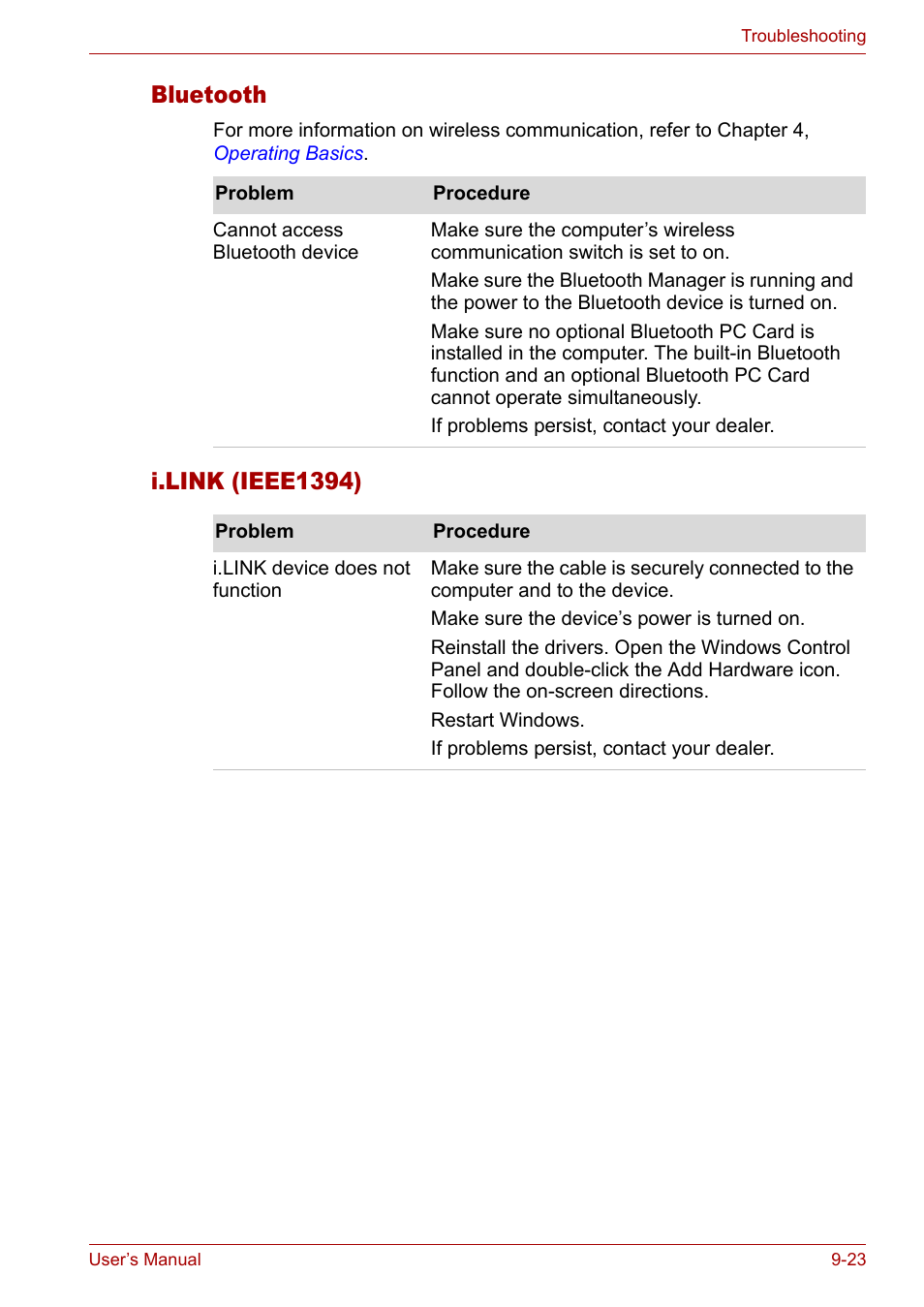 Bluetooth, I.link (ieee1394), Bluetooth -23 i.link (ieee1394) -23 | Toshiba Satellite M40 (PSM40) User Manual | Page 169 / 201