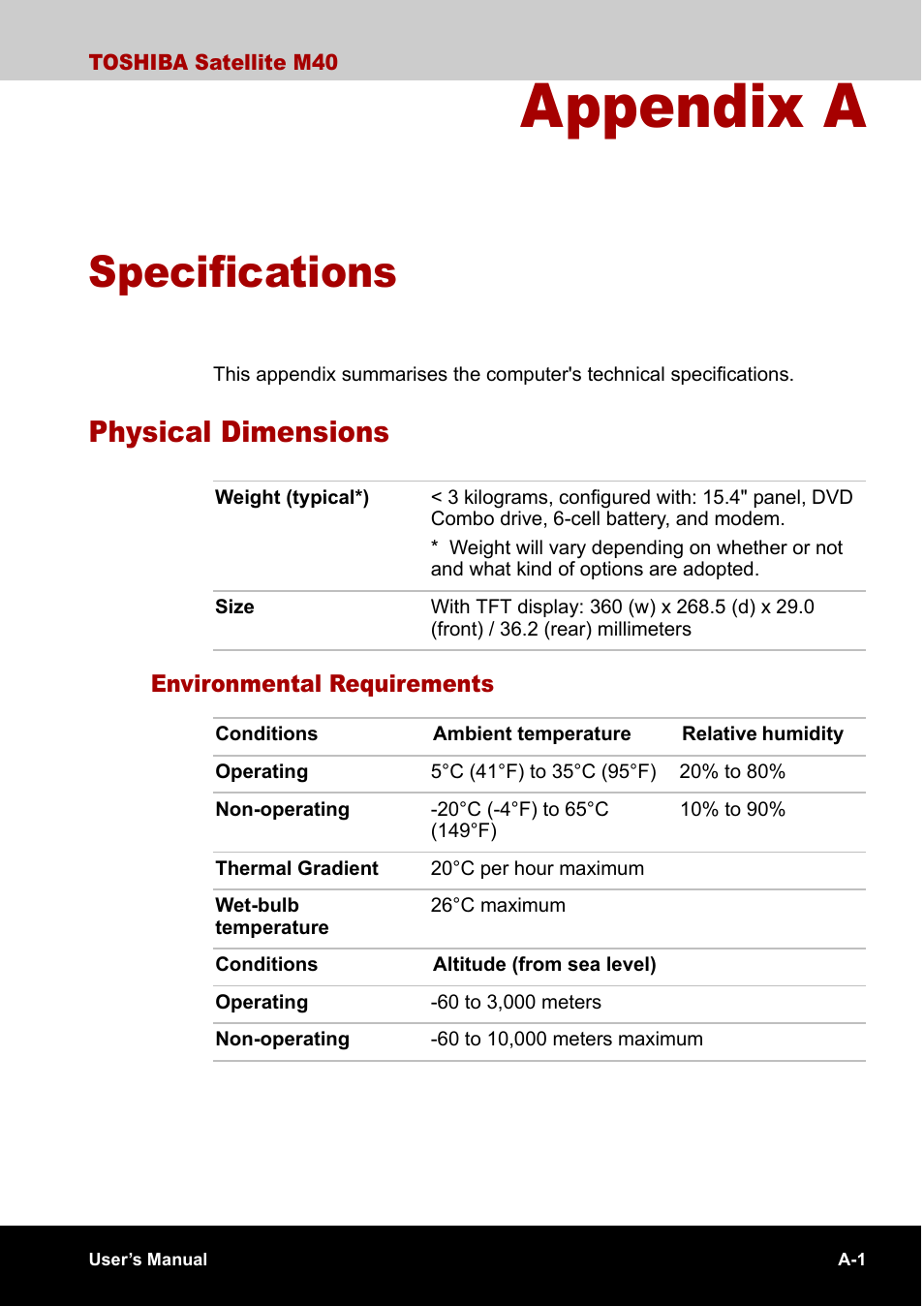 Appendix a specifications, Physical dimensions, Environmental requirements | Appendix a, Specifications | Toshiba Satellite M40 (PSM40) User Manual | Page 171 / 201