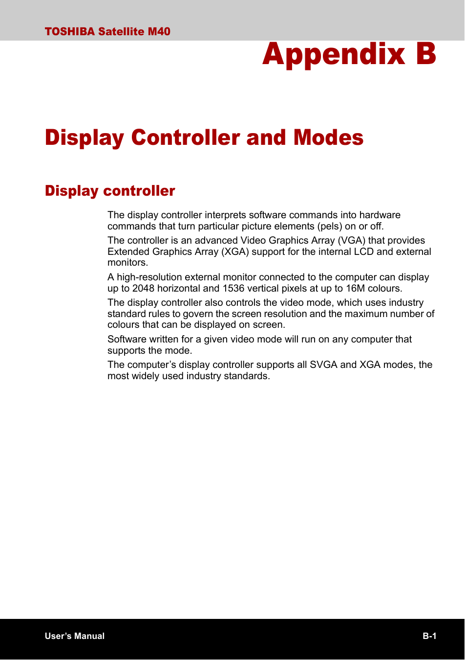 Appendix b display controller and modes, Display controller, Appendix b | Display controller and modes | Toshiba Satellite M40 (PSM40) User Manual | Page 174 / 201