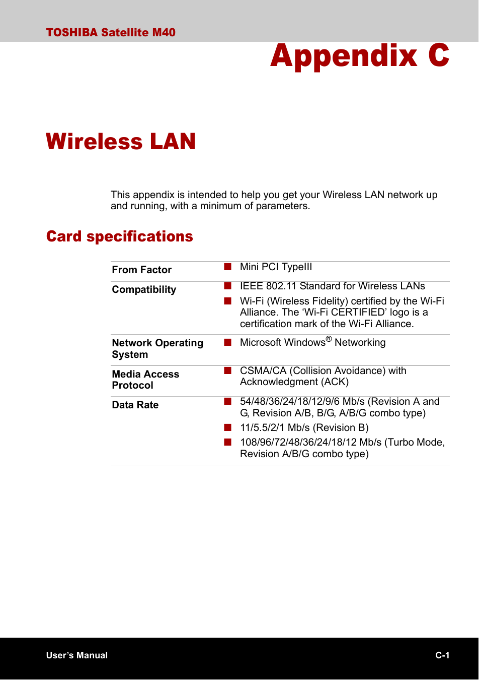 Appendix c wireless lan, Card specifications, Appendix c | Wireless lan | Toshiba Satellite M40 (PSM40) User Manual | Page 176 / 201