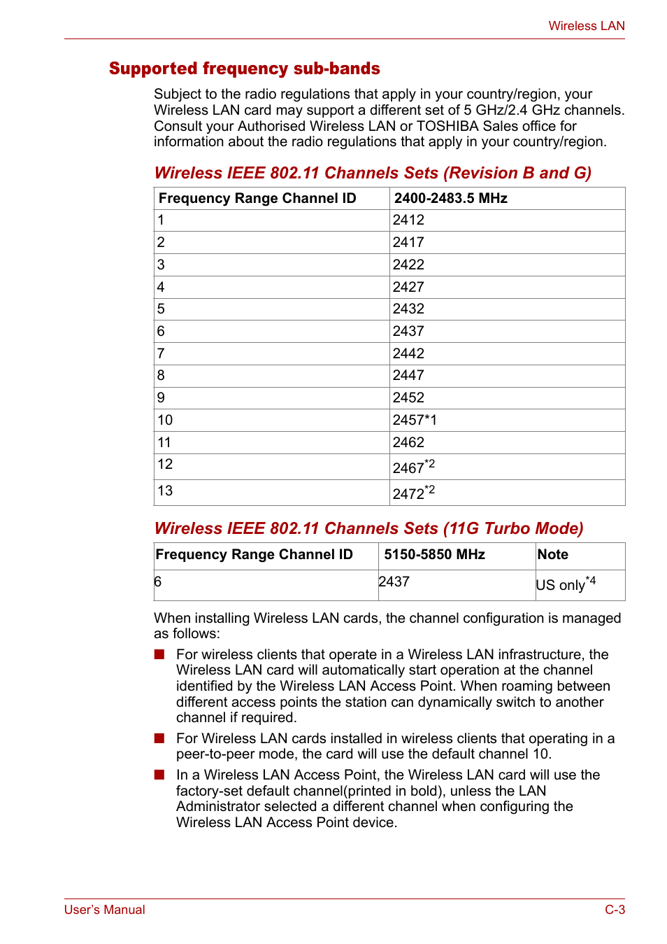 Supported frequency sub-bands | Toshiba Satellite M40 (PSM40) User Manual | Page 178 / 201