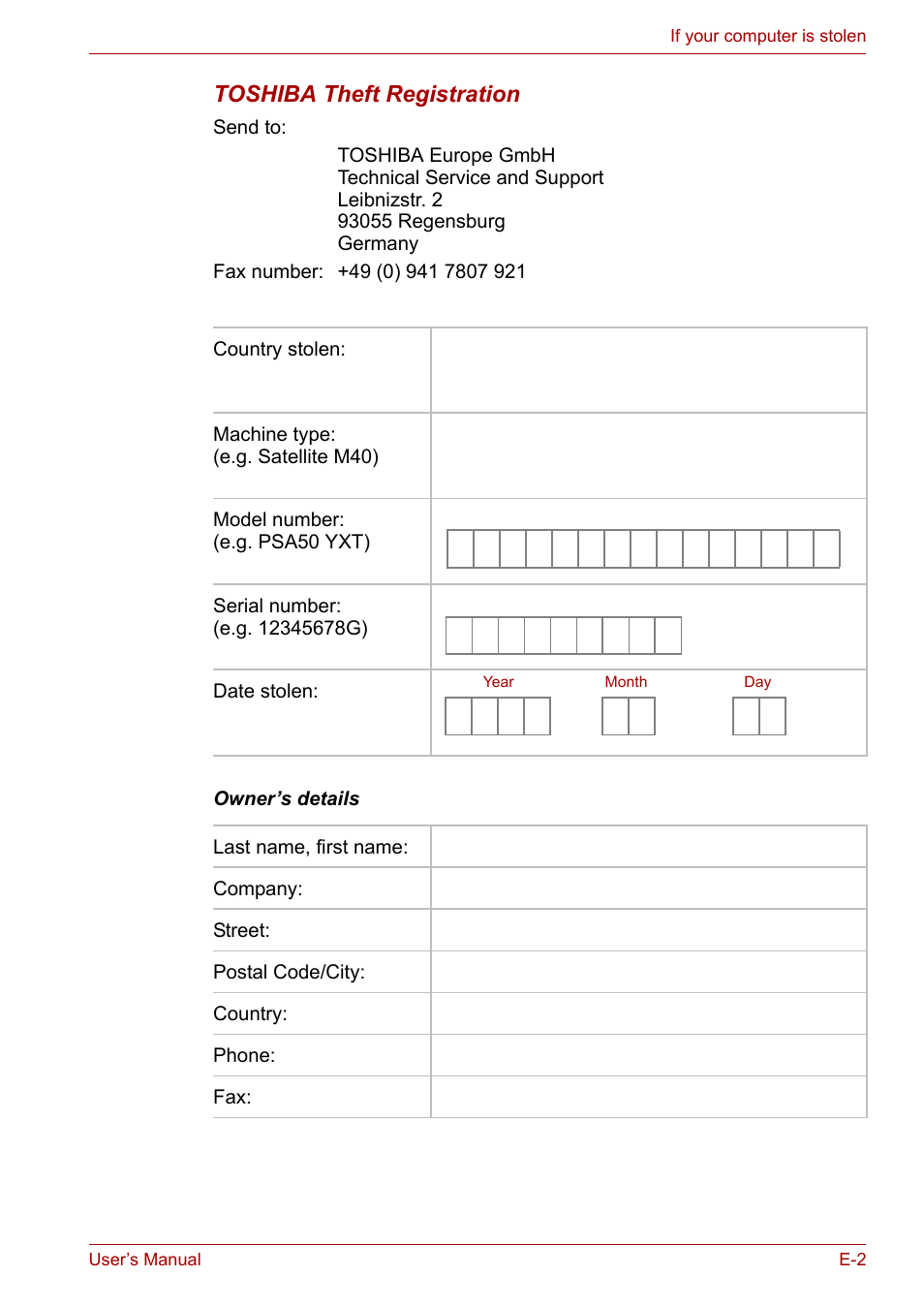 Toshiba theft registration | Toshiba Satellite M40 (PSM40) User Manual | Page 184 / 201