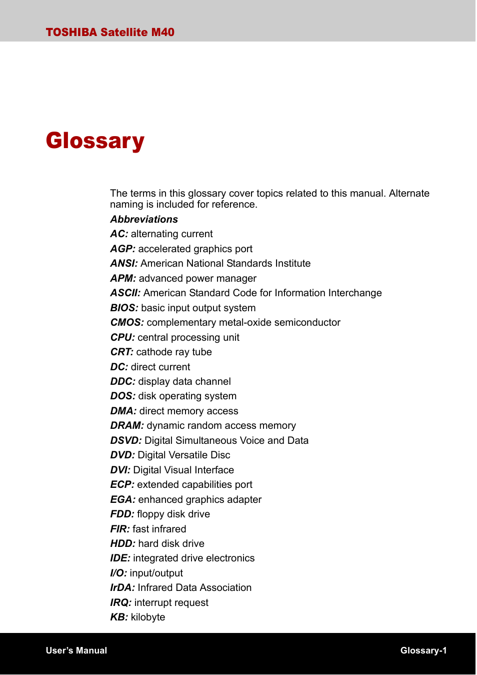 Glossary, Index, Ed in the | Toshiba Satellite M40 (PSM40) User Manual | Page 185 / 201