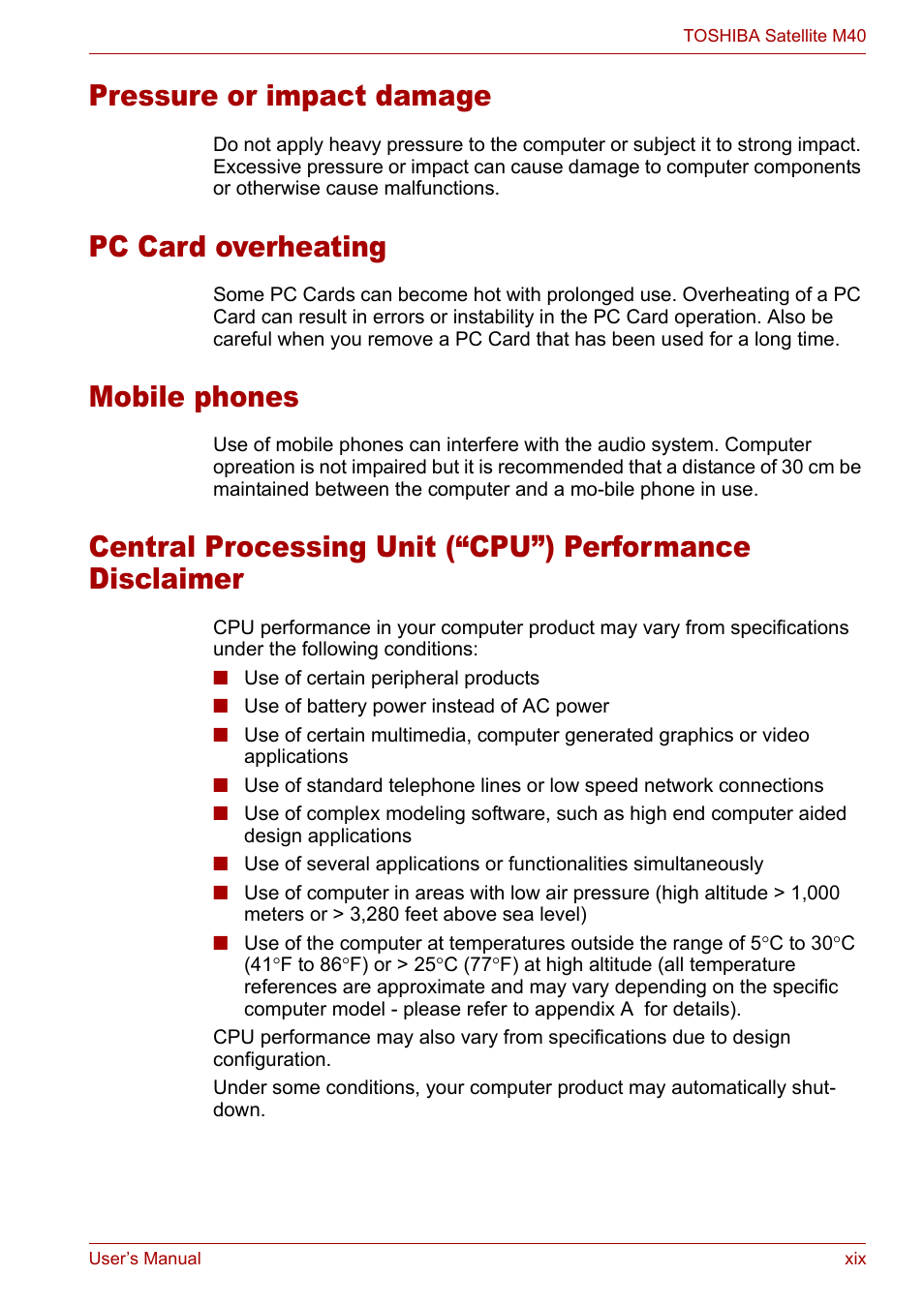 Pressure or impact damage, Pc card overheating, Mobile phones | Toshiba Satellite M40 (PSM40) User Manual | Page 19 / 201