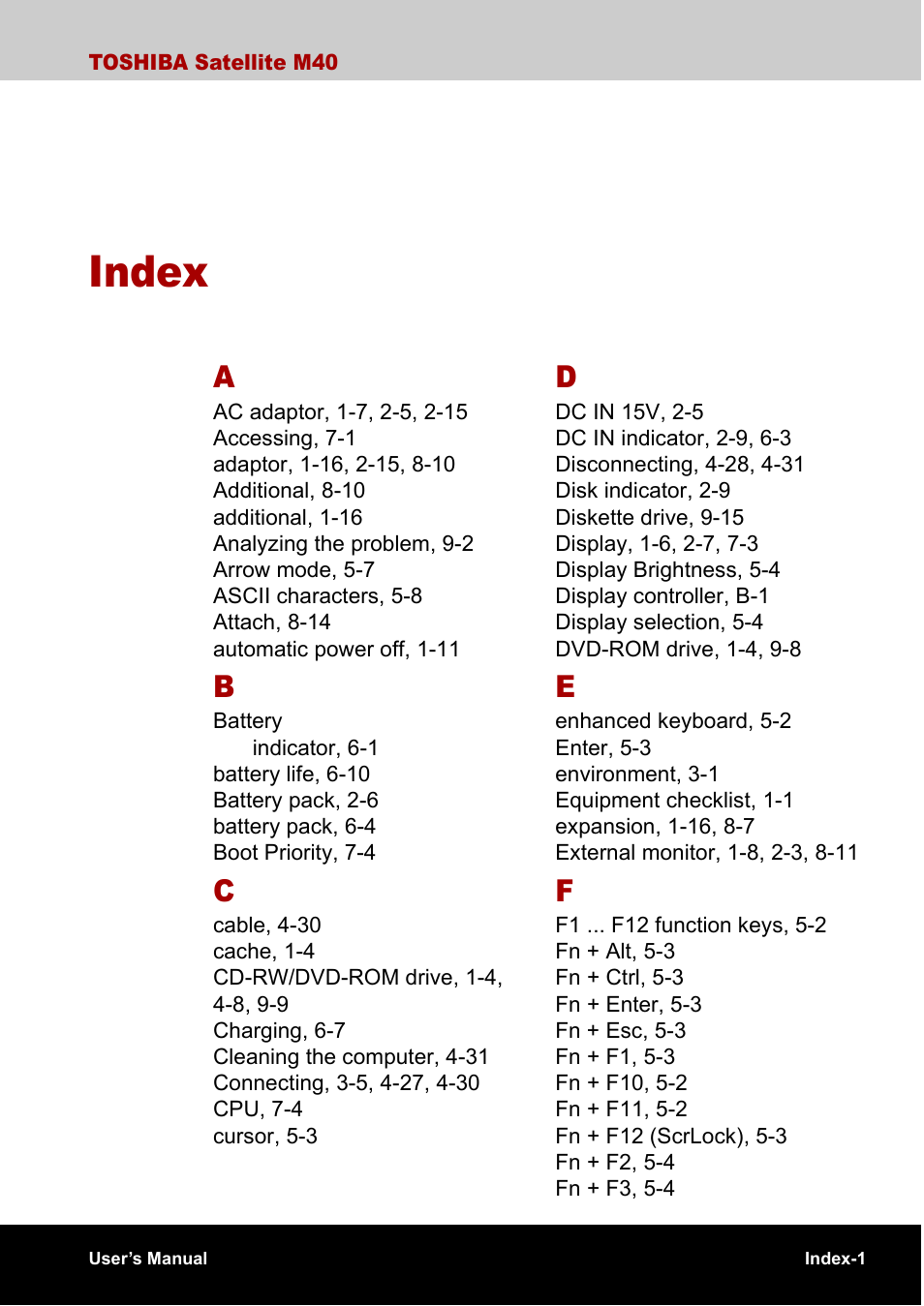 Index | Toshiba Satellite M40 (PSM40) User Manual | Page 198 / 201