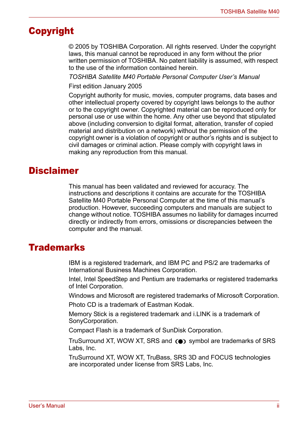 Trademarks, Disclaimer, Copyright | Toshiba Satellite M40 (PSM40) User Manual | Page 2 / 201