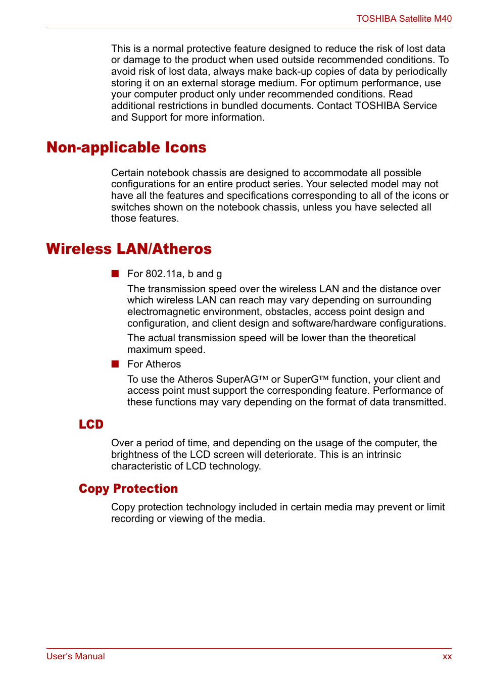 Non-applicable icons, Wireless lan/atheros, Copy protection | Toshiba Satellite M40 (PSM40) User Manual | Page 20 / 201