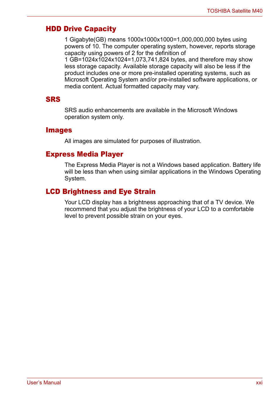 Hdd drive capacity, Images, Express media player | Lcd brightness and eye strain | Toshiba Satellite M40 (PSM40) User Manual | Page 21 / 201