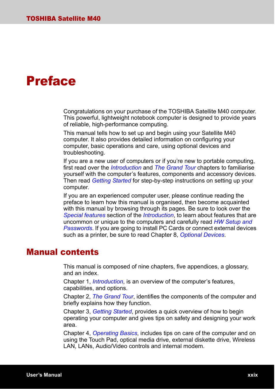 Preface, Manual contents | Toshiba Satellite M40 (PSM40) User Manual | Page 29 / 201