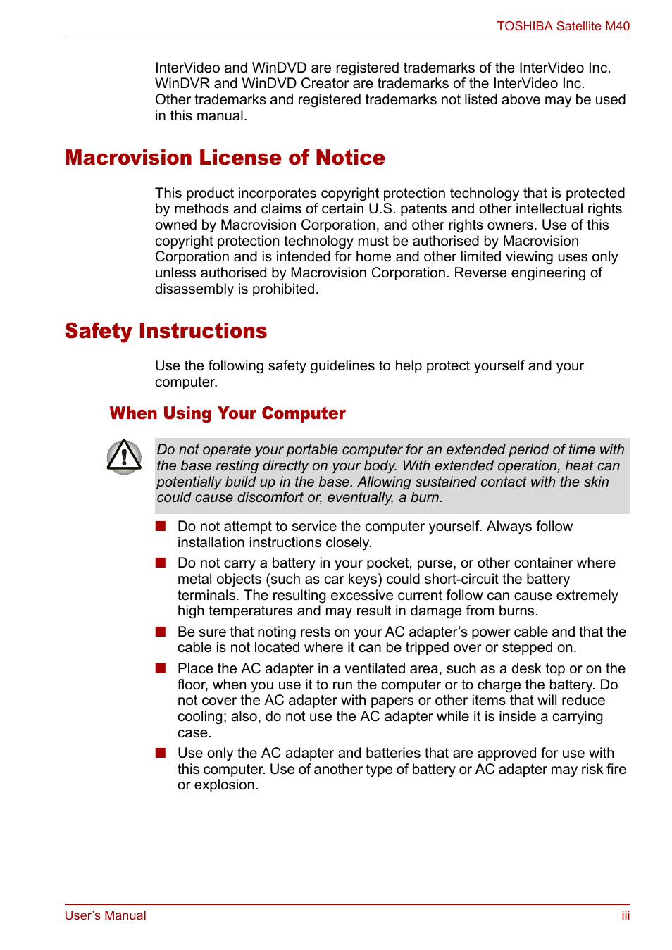 Safety instructions, When using your computer, Macrovision license of notice | Toshiba Satellite M40 (PSM40) User Manual | Page 3 / 201