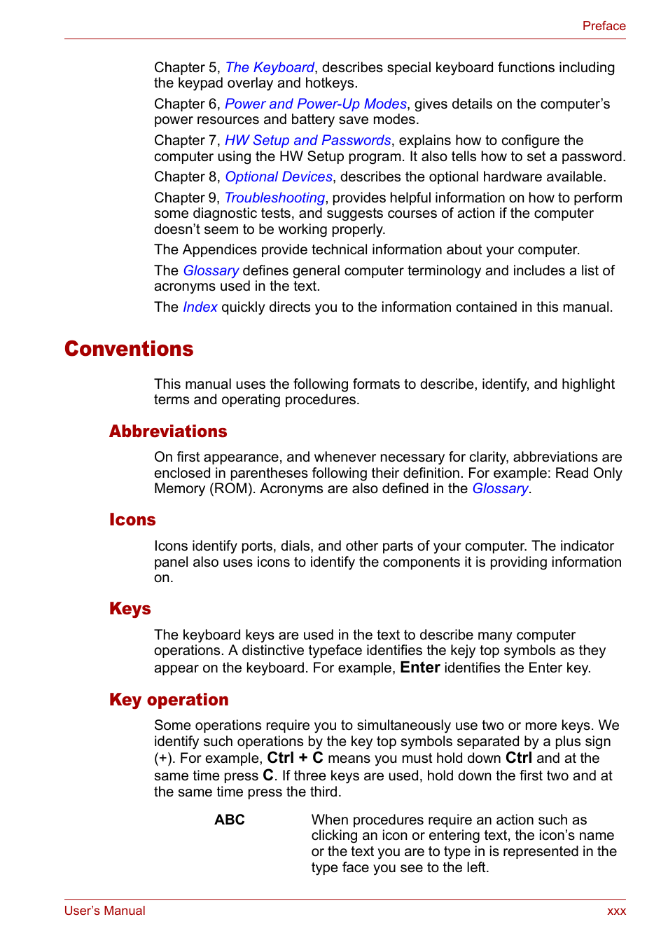 Conventions, Abbreviations, Icons | Keys, Key operation | Toshiba Satellite M40 (PSM40) User Manual | Page 30 / 201
