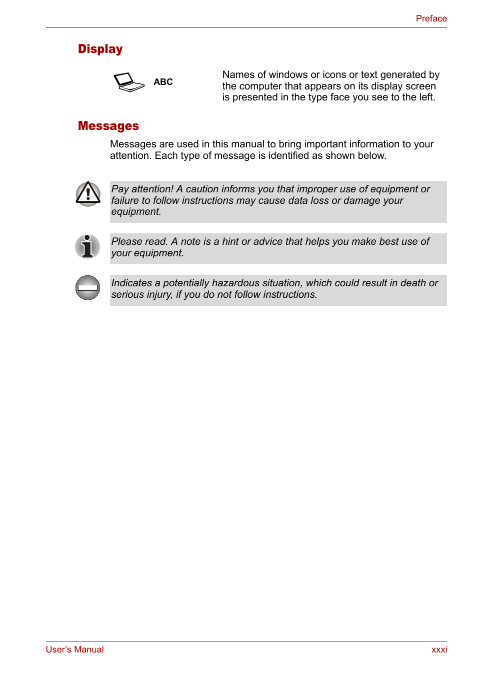 Display, Messages, Display messages | Toshiba Satellite M40 (PSM40) User Manual | Page 31 / 201