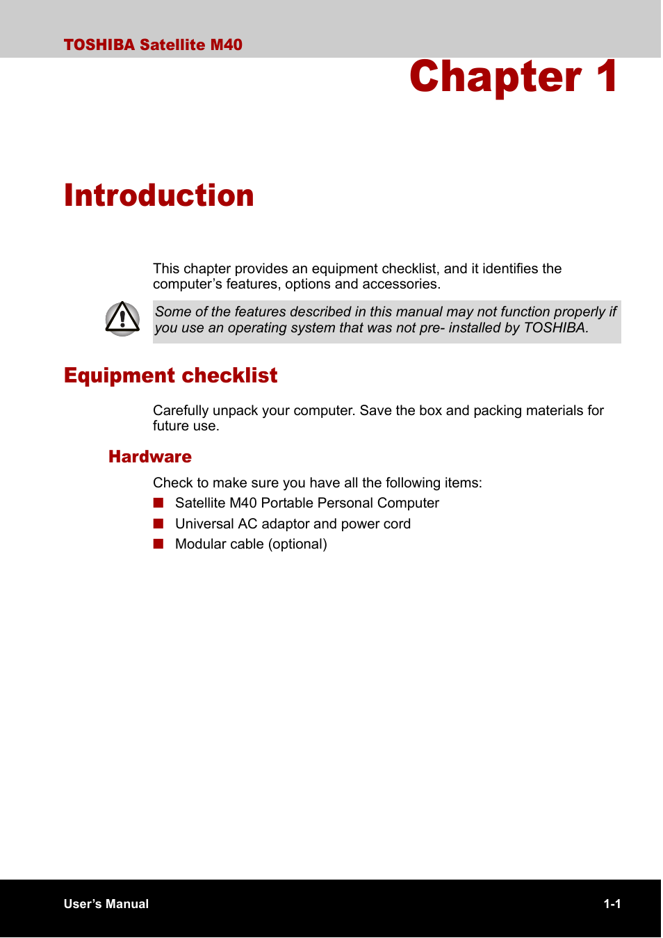 Chapter 1 introduction, Equipment checklist, Hardware | Chapter 1, Introduction, Equipment checklist -1, Hardware -1, N of the, To l | Toshiba Satellite M40 (PSM40) User Manual | Page 32 / 201