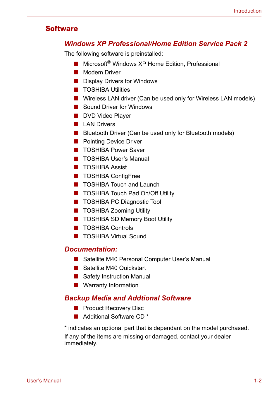 Software, Software -2 | Toshiba Satellite M40 (PSM40) User Manual | Page 33 / 201