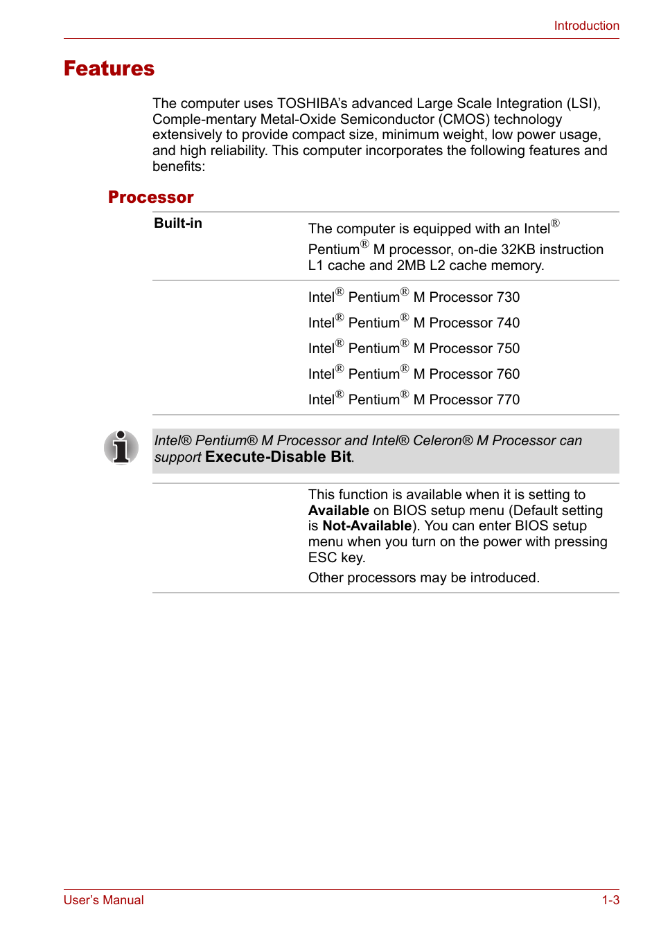 Features, Processor, Features -3 | Processor -3 | Toshiba Satellite M40 (PSM40) User Manual | Page 34 / 201