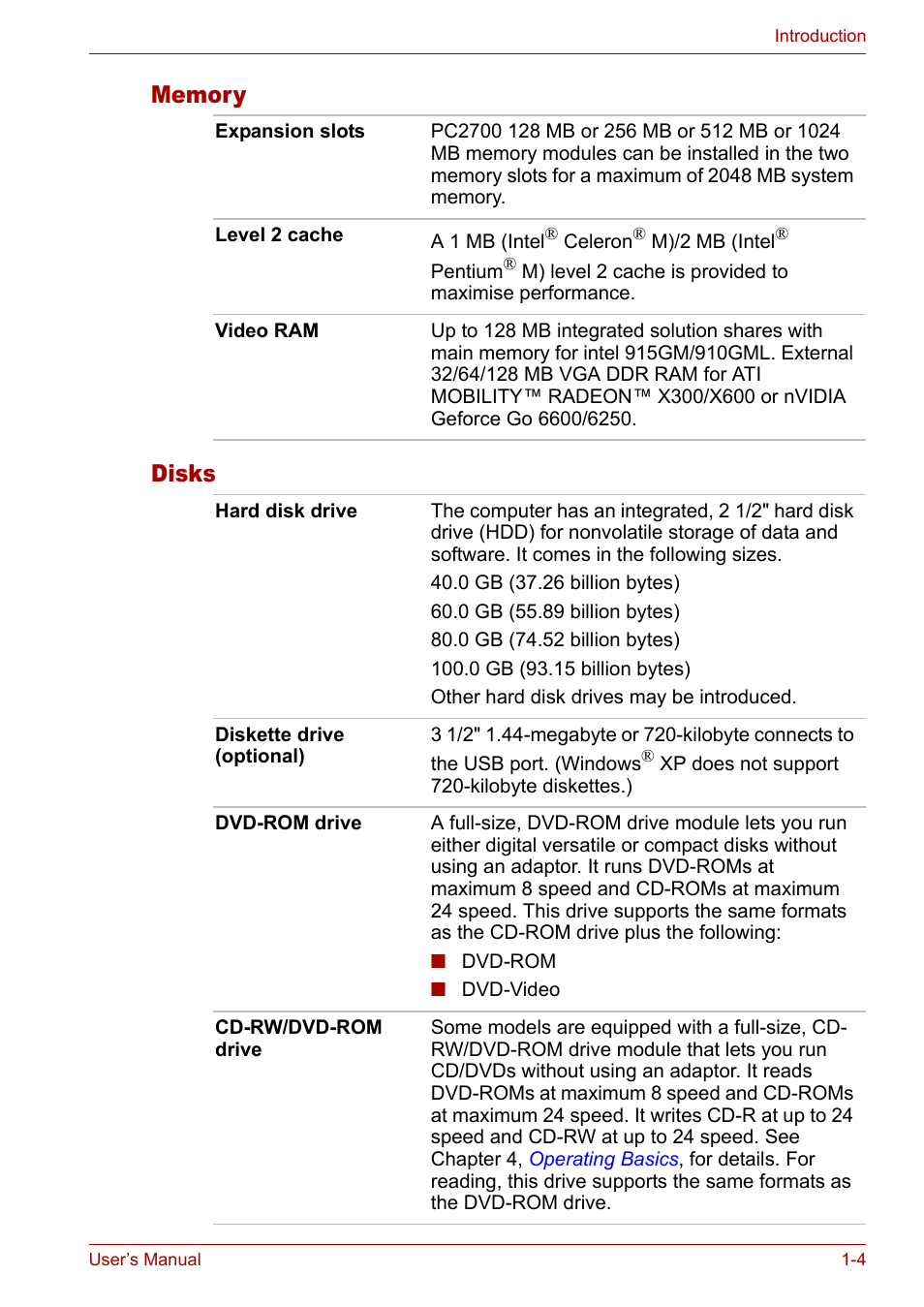 Memory, Disks, Memory -4 disks -4 | Toshiba Satellite M40 (PSM40) User Manual | Page 35 / 201