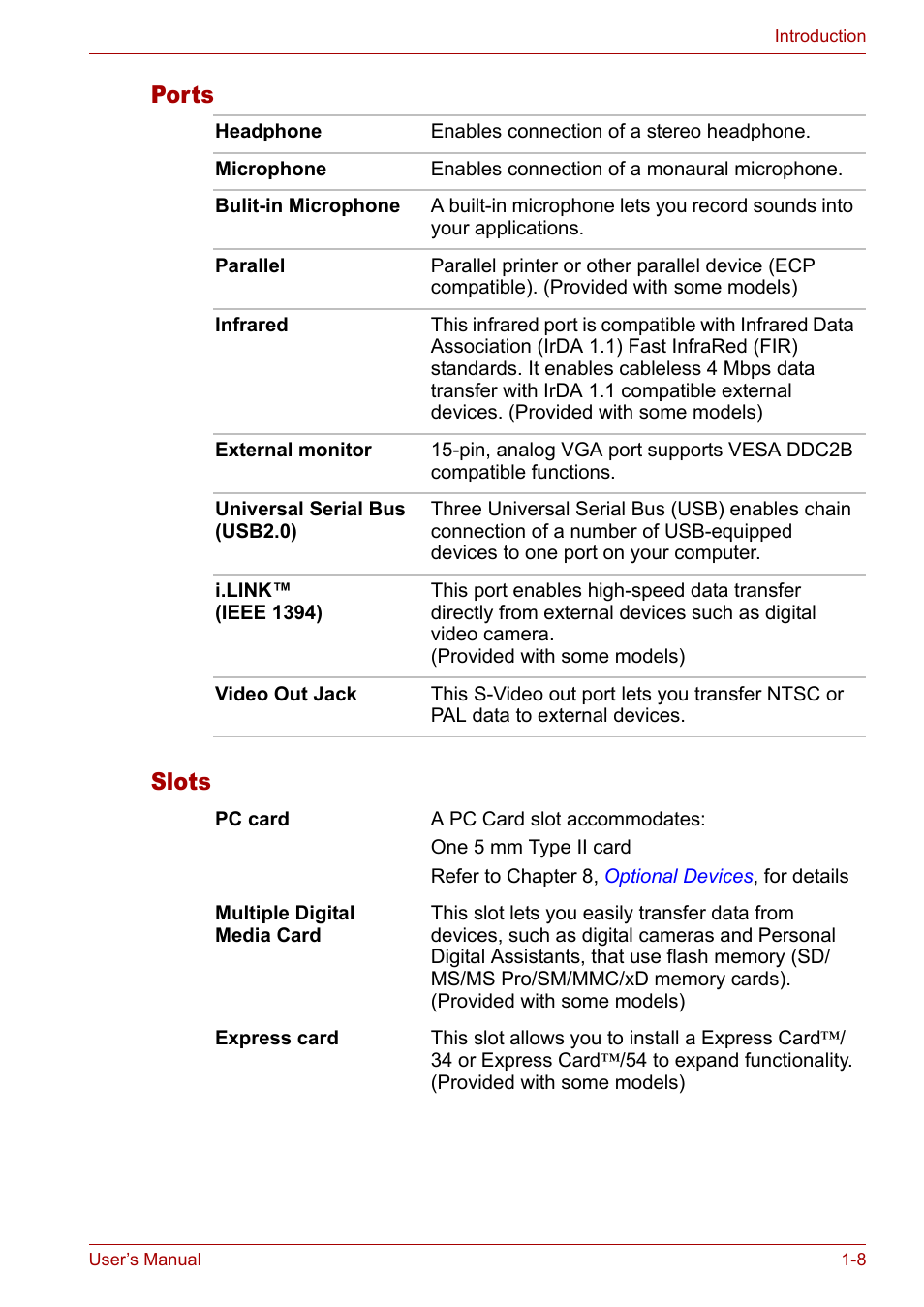 Ports, Slots, Ports -8 slots -8 | Ports slots | Toshiba Satellite M40 (PSM40) User Manual | Page 39 / 201