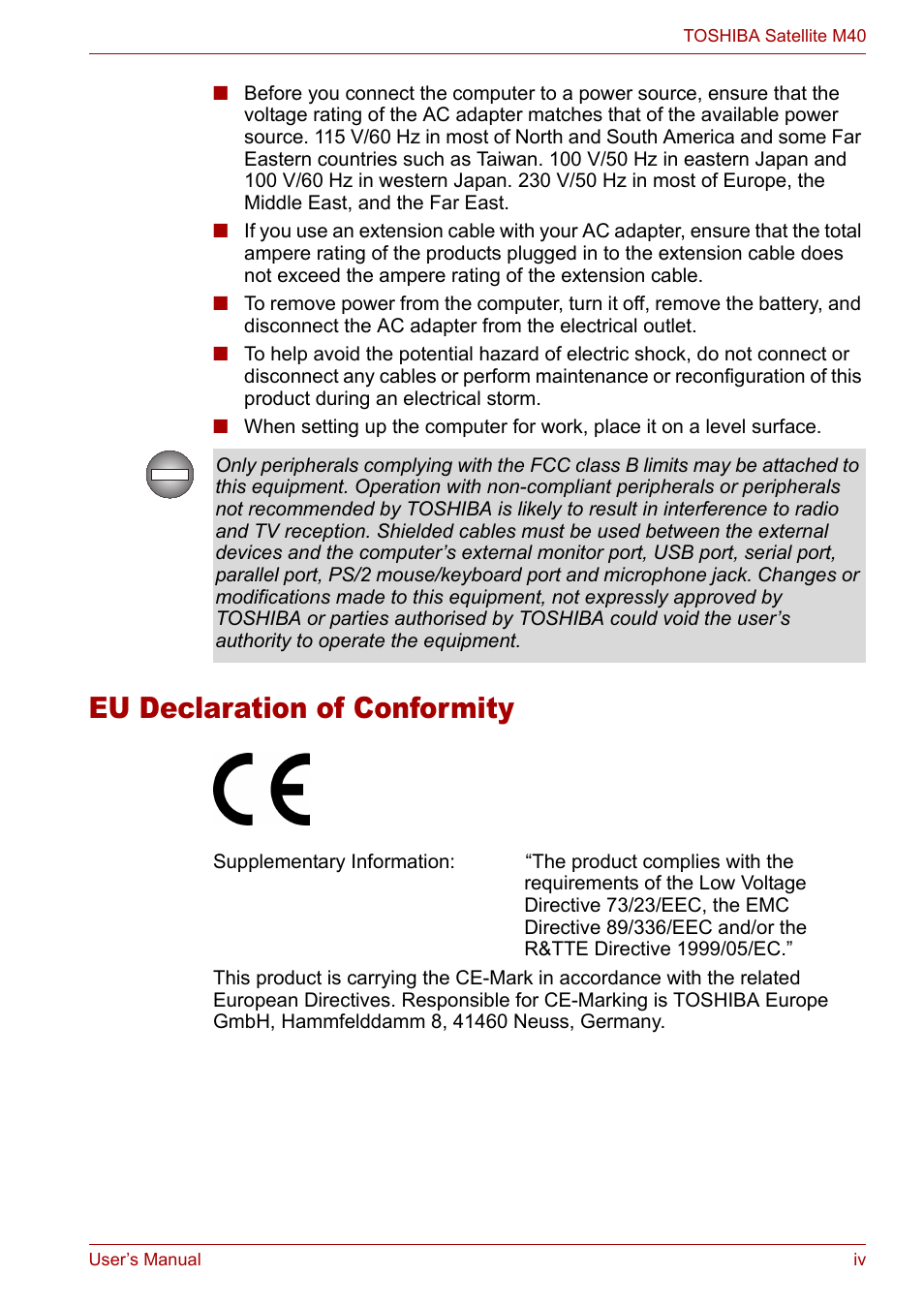 Eu declaration of conformity | Toshiba Satellite M40 (PSM40) User Manual | Page 4 / 201