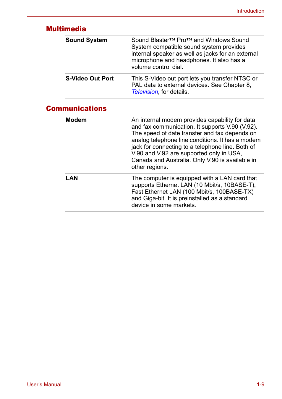 Multimedia, Communications, Multimedia -9 communications -9 | Multimedia communications | Toshiba Satellite M40 (PSM40) User Manual | Page 40 / 201