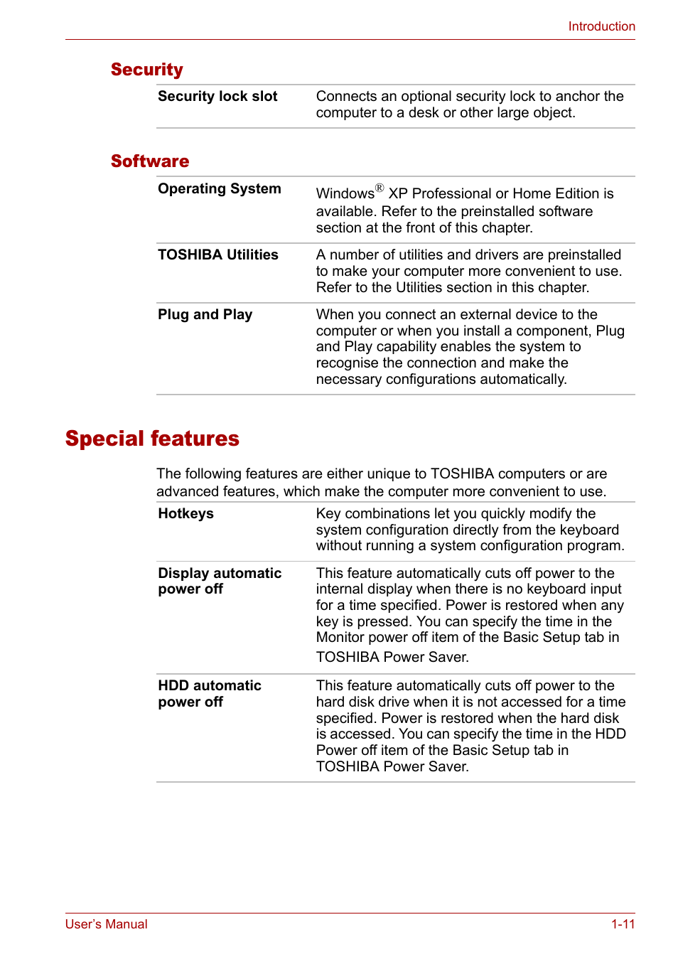 Special features, Security, Software | Security -11 software -11, Special features -11, Security software | Toshiba Satellite M40 (PSM40) User Manual | Page 42 / 201