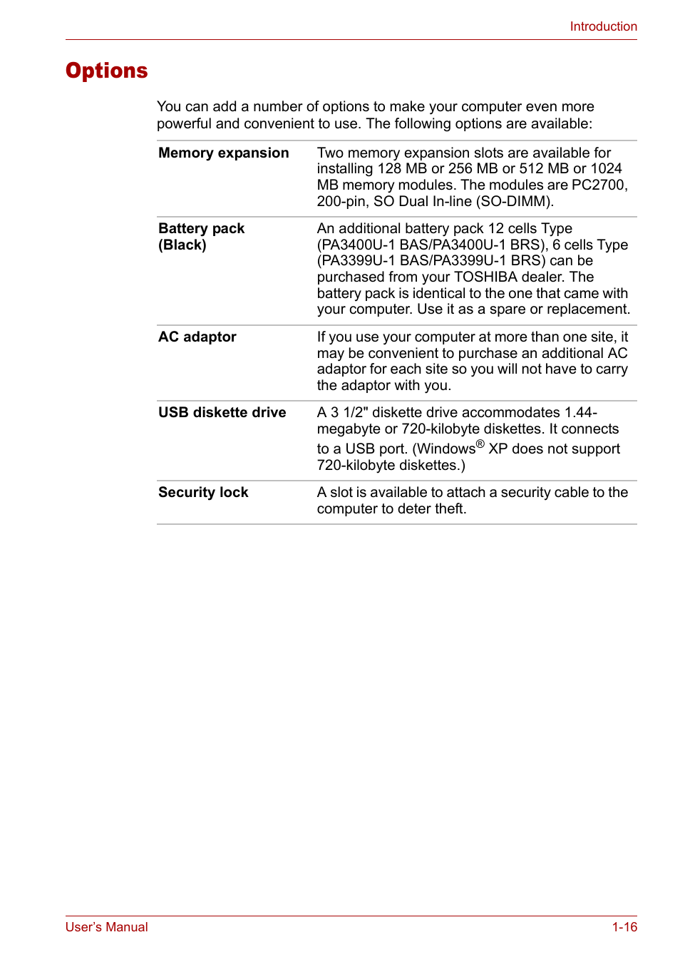 Options, Options -16 | Toshiba Satellite M40 (PSM40) User Manual | Page 47 / 201