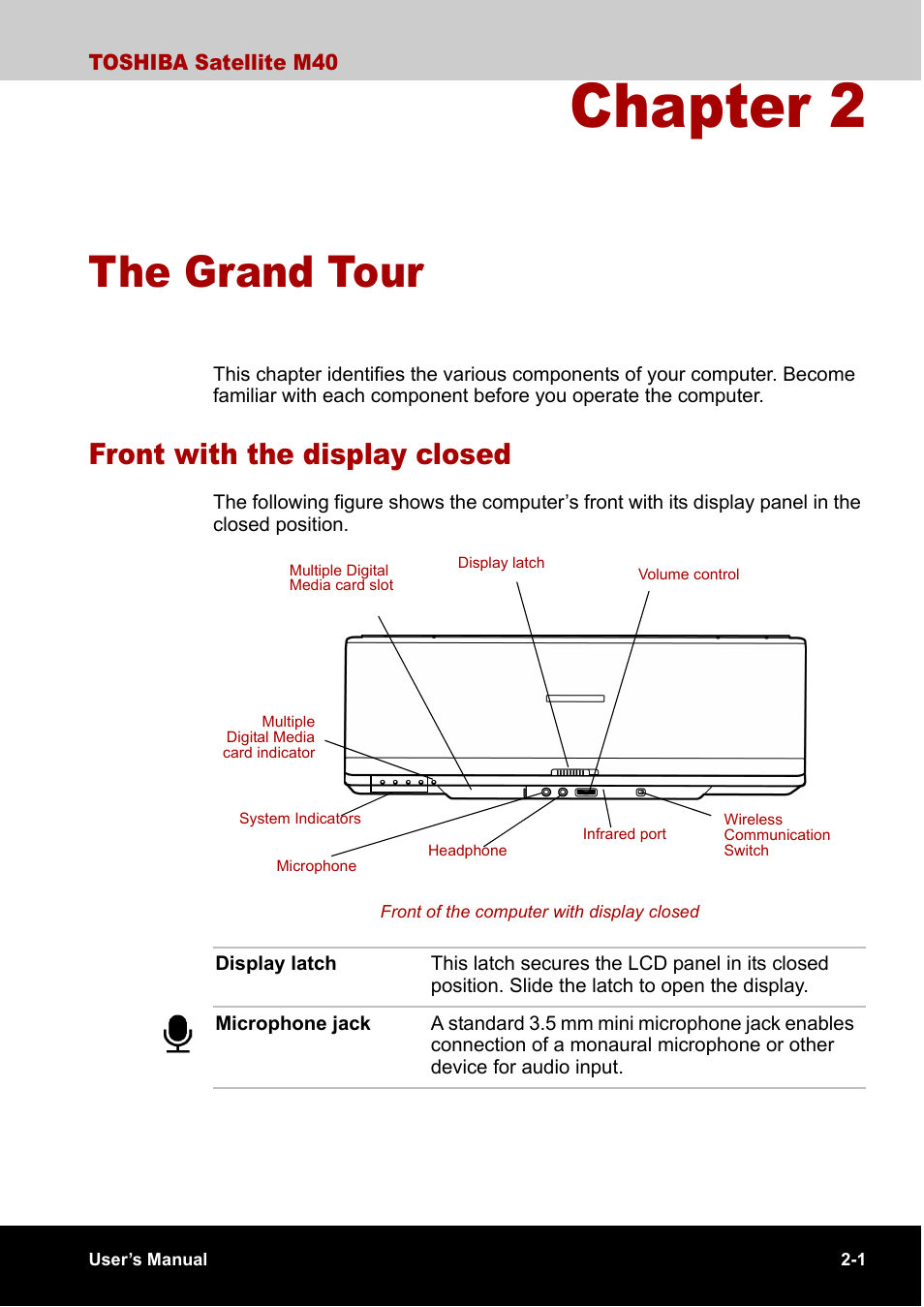 Chapter 2 the grand tour, Front with the display closed, Chapter 2 | The grand tour, Front with the display closed -1, Ter 2 | Toshiba Satellite M40 (PSM40) User Manual | Page 48 / 201