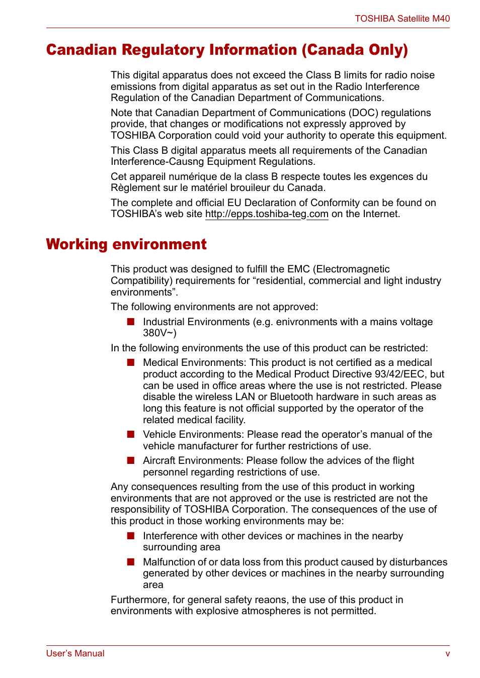 Working environment, Canadian regulatory information (canada only) | Toshiba Satellite M40 (PSM40) User Manual | Page 5 / 201
