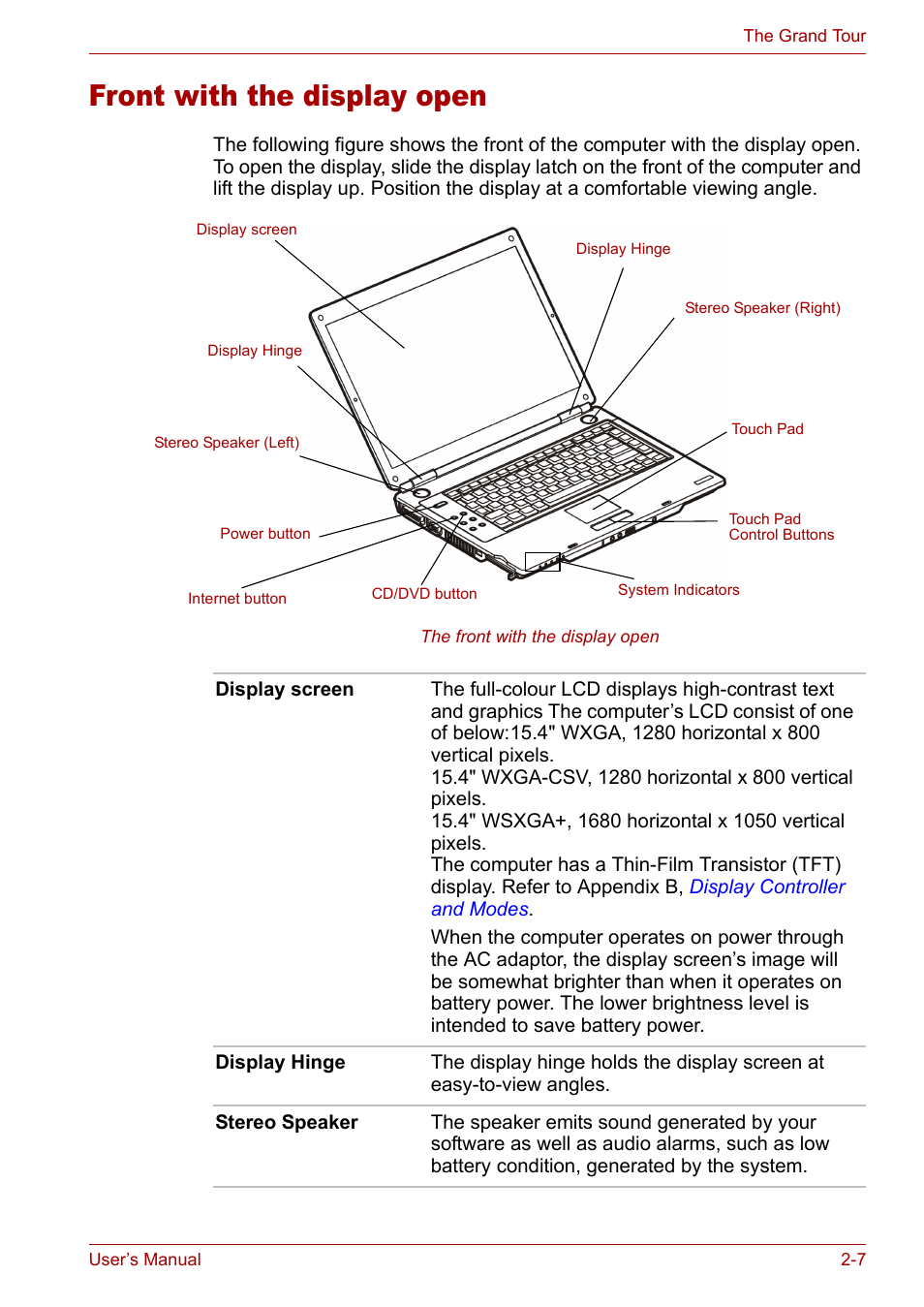 Front with the display open, Front with the display open -7 | Toshiba Satellite M40 (PSM40) User Manual | Page 54 / 201