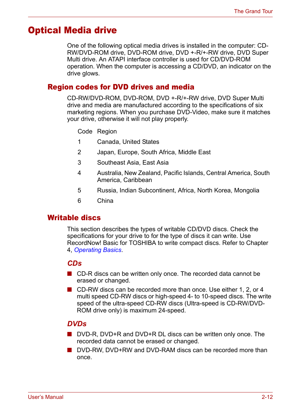 Optical media drive, Region codes for dvd drives and media, Writable discs | Optical media drive -12 | Toshiba Satellite M40 (PSM40) User Manual | Page 59 / 201