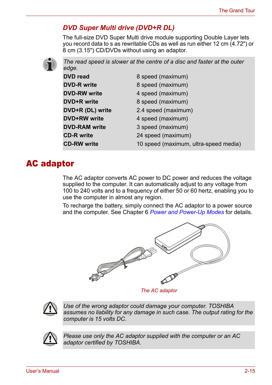 Ac adaptor, Ac adaptor -15 | Toshiba Satellite M40 (PSM40) User Manual | Page 62 / 201