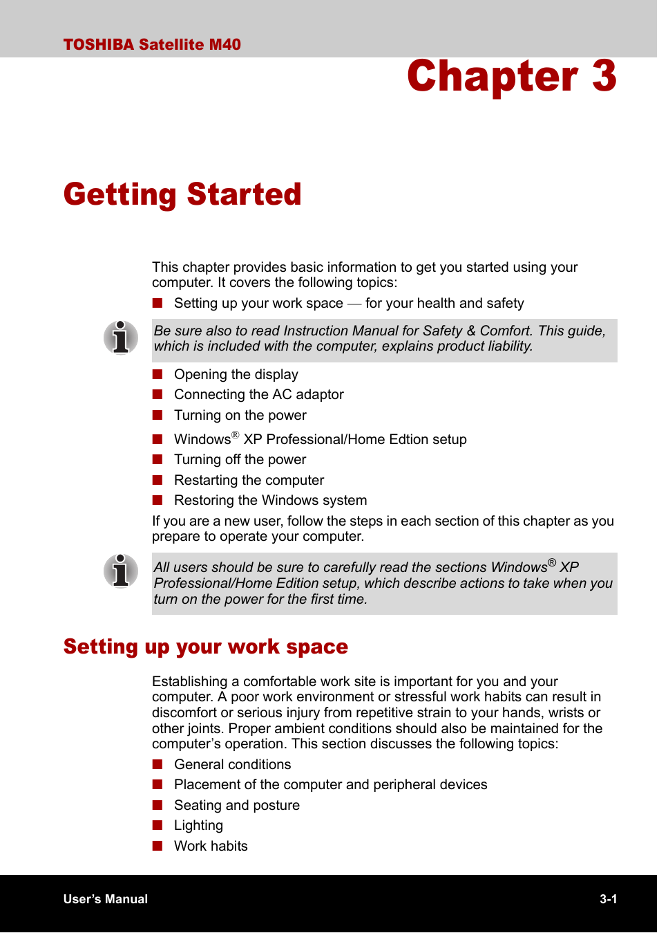 Chapter 3 getting started, Setting up your work space, Chapter 3 | Getting started, Setting up your work space -1, Provi | Toshiba Satellite M40 (PSM40) User Manual | Page 63 / 201