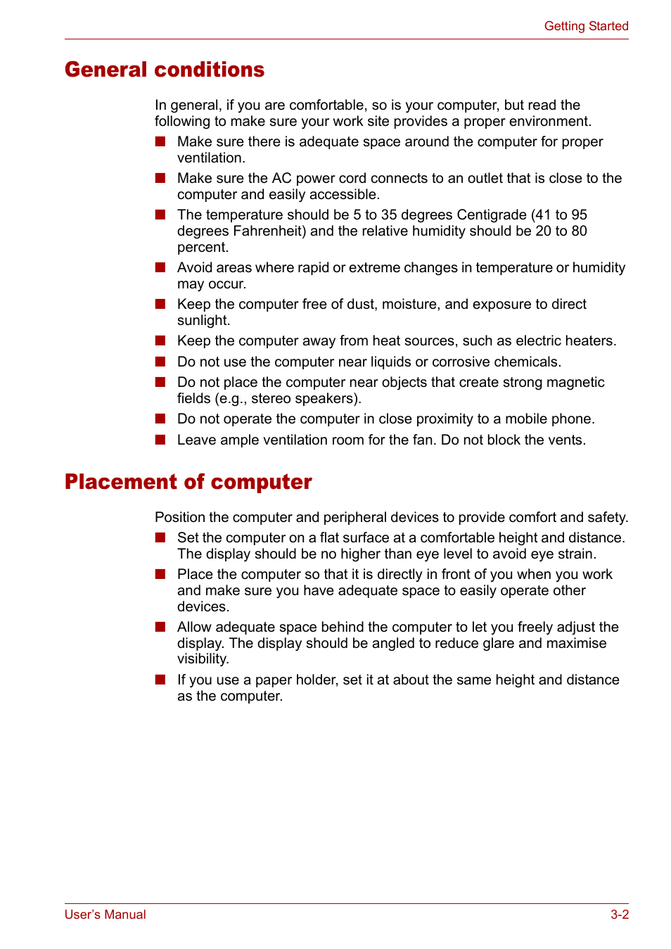 Placement of computer, General conditions, General conditions -2 placement of computer -2 | Toshiba Satellite M40 (PSM40) User Manual | Page 64 / 201