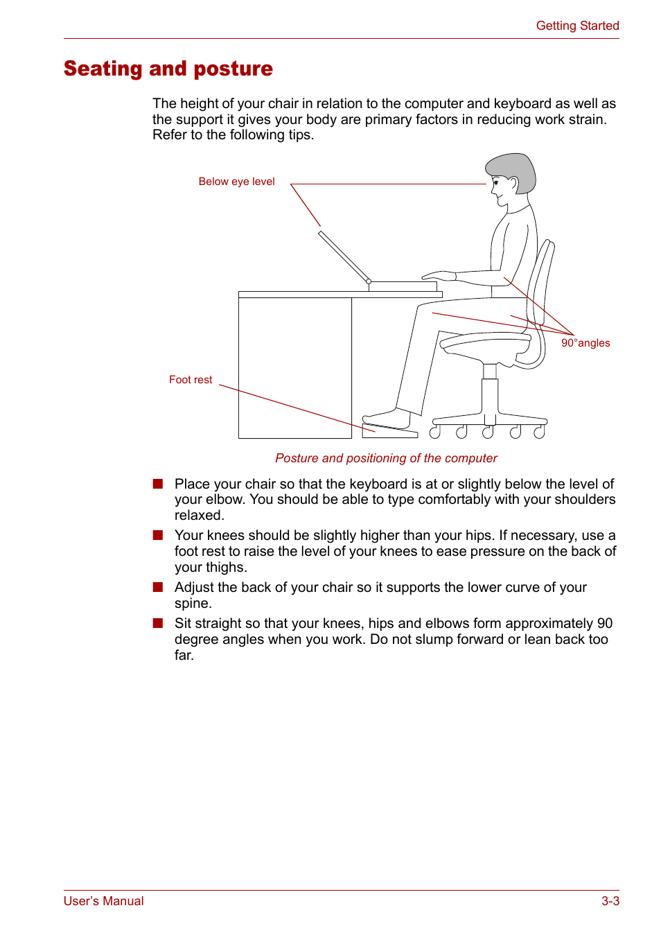 Seating and posture, Seating and posture -3 | Toshiba Satellite M40 (PSM40) User Manual | Page 65 / 201