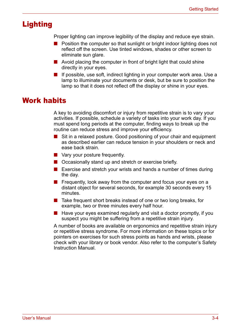 Work habits, Lighting, Lighting -4 work habits -4 | Toshiba Satellite M40 (PSM40) User Manual | Page 66 / 201