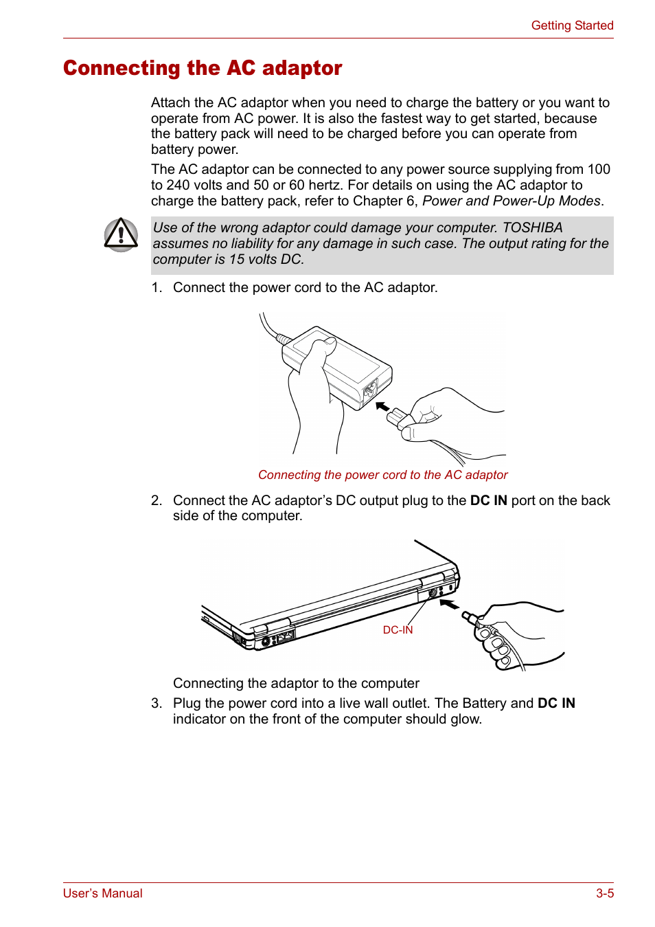 Connecting the ac adaptor, Connecting the ac adaptor -5 | Toshiba Satellite M40 (PSM40) User Manual | Page 67 / 201