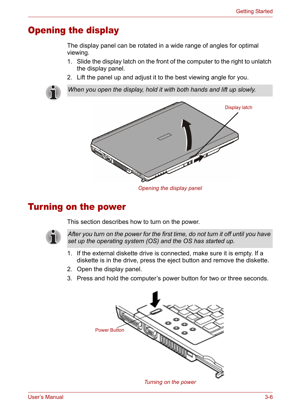 Turning on the power, Opening the display, Opening the display -6 turning on the power -6 | Toshiba Satellite M40 (PSM40) User Manual | Page 68 / 201