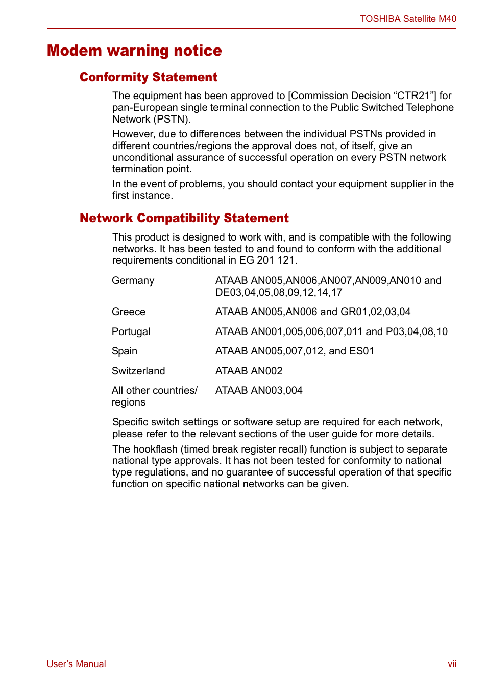 Modem warning notice, Conformity statement, Network compatibility statement | Toshiba Satellite M40 (PSM40) User Manual | Page 7 / 201