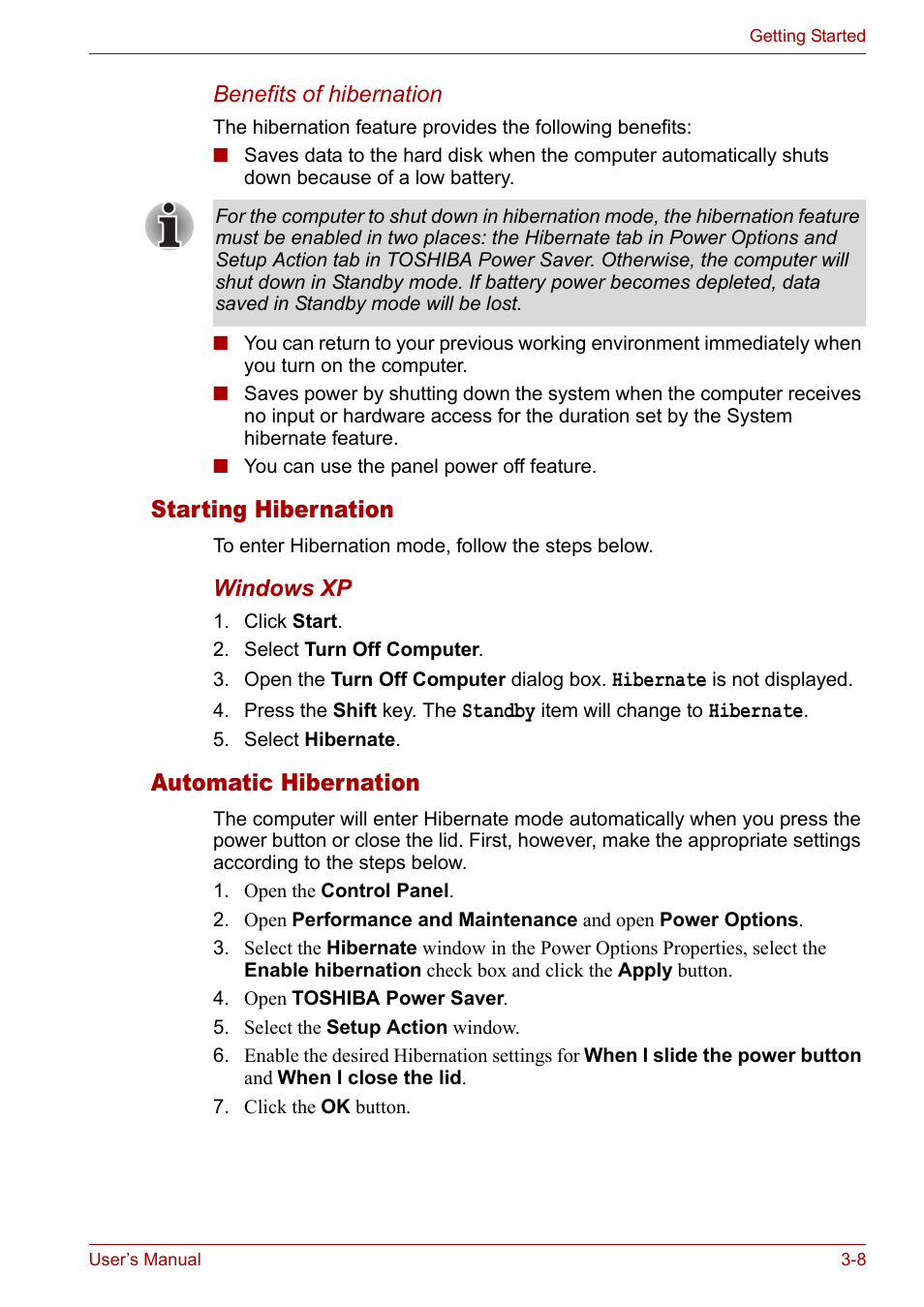 Starting hibernation, Automatic hibernation, Starting hibernation -8 automatic hibernation -8 | Toshiba Satellite M40 (PSM40) User Manual | Page 70 / 201