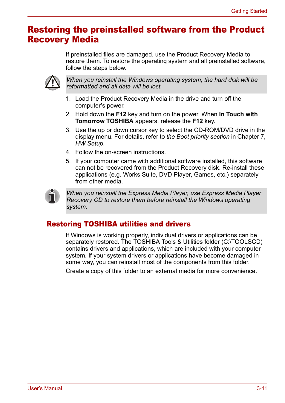 Restoring toshiba utilities and drivers, Restoring toshiba utilities and drivers -11 | Toshiba Satellite M40 (PSM40) User Manual | Page 73 / 201