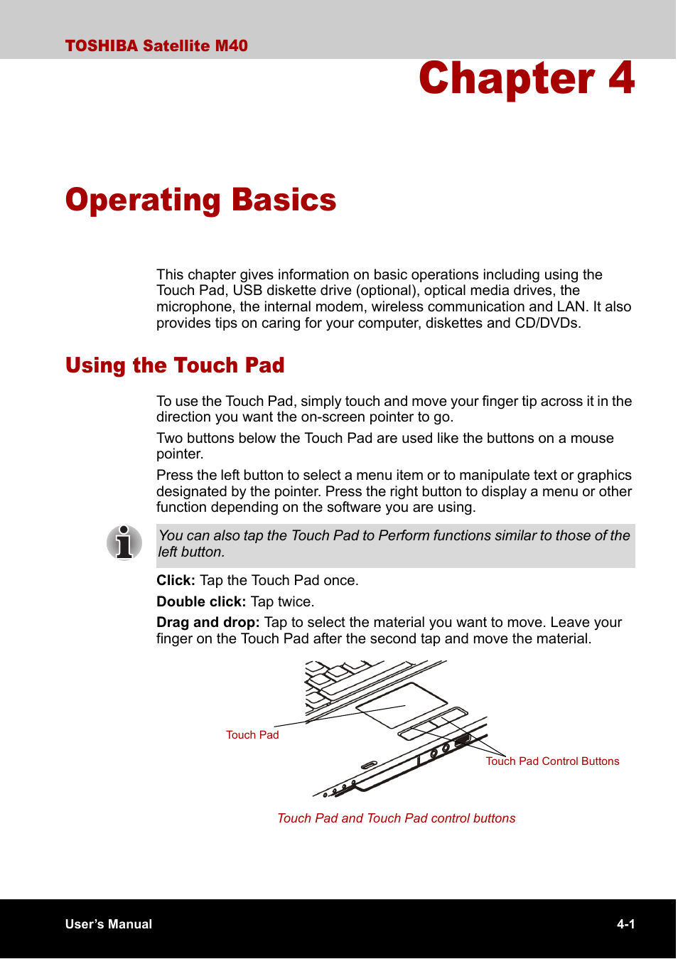 Chapter 4 operating basics, Using the touch pad, Chapter 4 | Operating basics, Using the touch pad -1, Incl | Toshiba Satellite M40 (PSM40) User Manual | Page 74 / 201