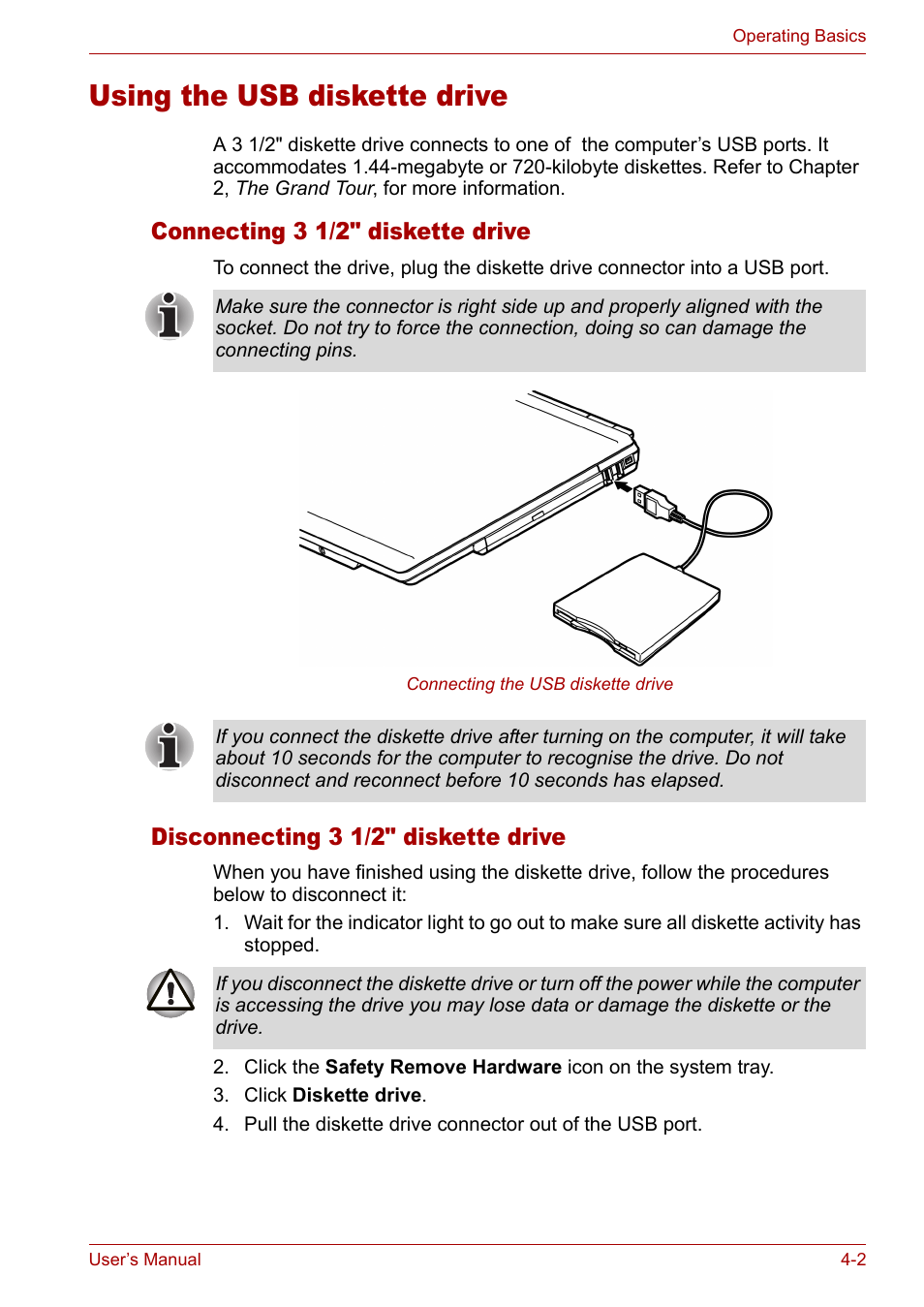 Using the usb diskette drive, Connecting 3 1/2" diskette drive, Disconnecting 3 1/2" diskette drive | Using the usb diskette drive -2 | Toshiba Satellite M40 (PSM40) User Manual | Page 75 / 201