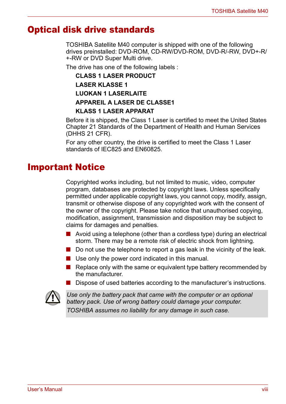 Important notice, Optical disk drive standards | Toshiba Satellite M40 (PSM40) User Manual | Page 8 / 201