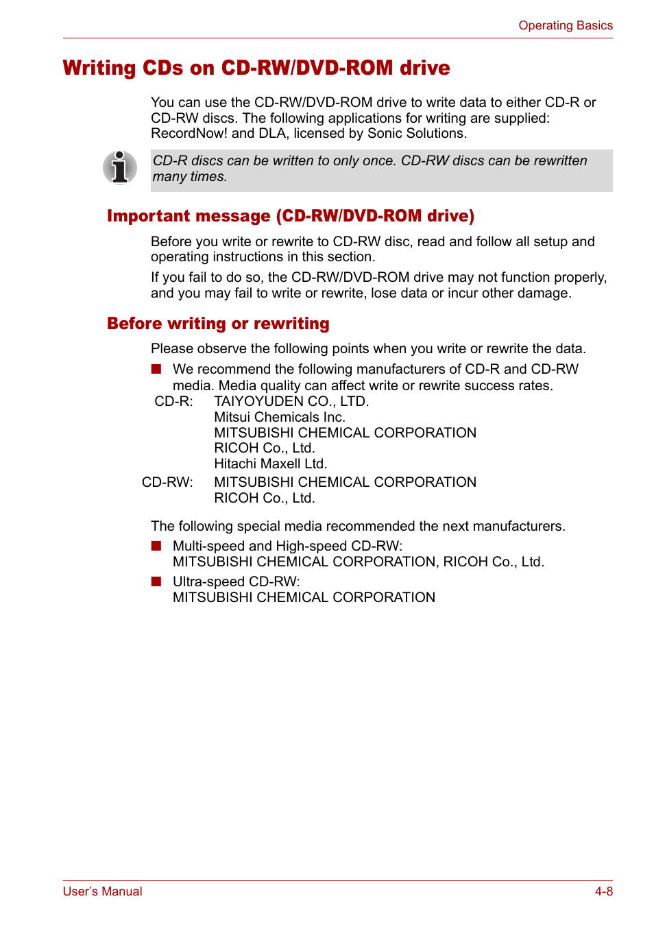 Writing cds on cd-rw/dvd-rom drive, Important message (cd-rw/dvd-rom drive), Before writing or rewriting | Writing cds on cd-rw/dvd-rom drive -8 | Toshiba Satellite M40 (PSM40) User Manual | Page 81 / 201